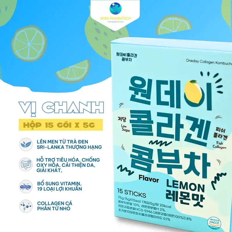Thức Uống Lên Men Kombucha Collagen Oneday Hoà Tan - Vị Chanh (Hộp 15 Gói x 5g)