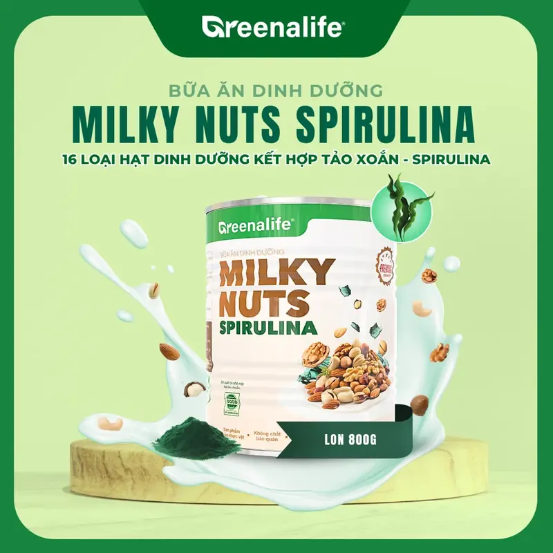 Sữa Hạt Dinh Dưỡng Tảo Xoắn GREENALIFE Milky Nuts - Spirulina (Lon 800g)